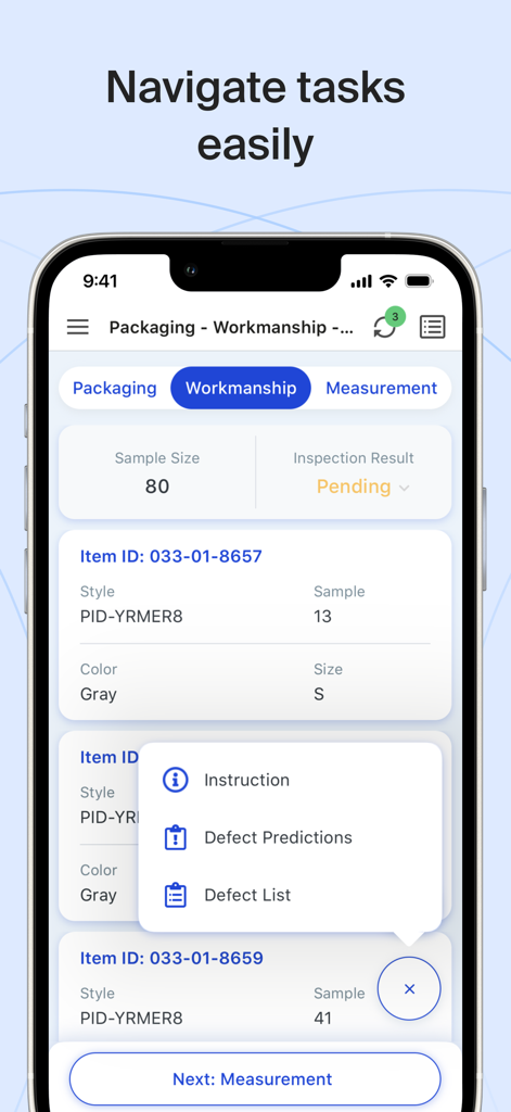Interface móvel do Inspectorio QRM mostrando uma tarefa de inspeção de qualidade de fabricação com detalhes de amostra e um menu de previsão de defeitos