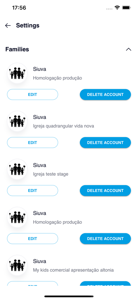 A settings screen showing a list of families with options to edit or delete accounts.