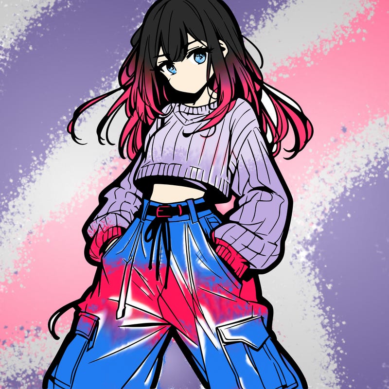 anime teen girl with baggy pants and crop top with sweater