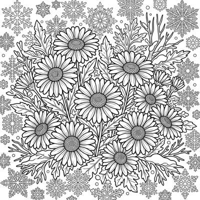 Discover the unexpected beauty of Shasta daisies thriving amidst an enchanting winter scene. This captivating coloring page combines floral elegance with the delicate charm of falling snow.