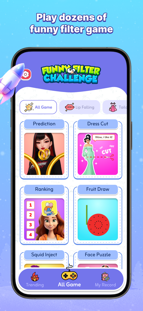 Funny Filter Challenge - Mobile app interface of Funny Filter Challenge showing a variety of trending AR filter games like Prediction and Dress Cut