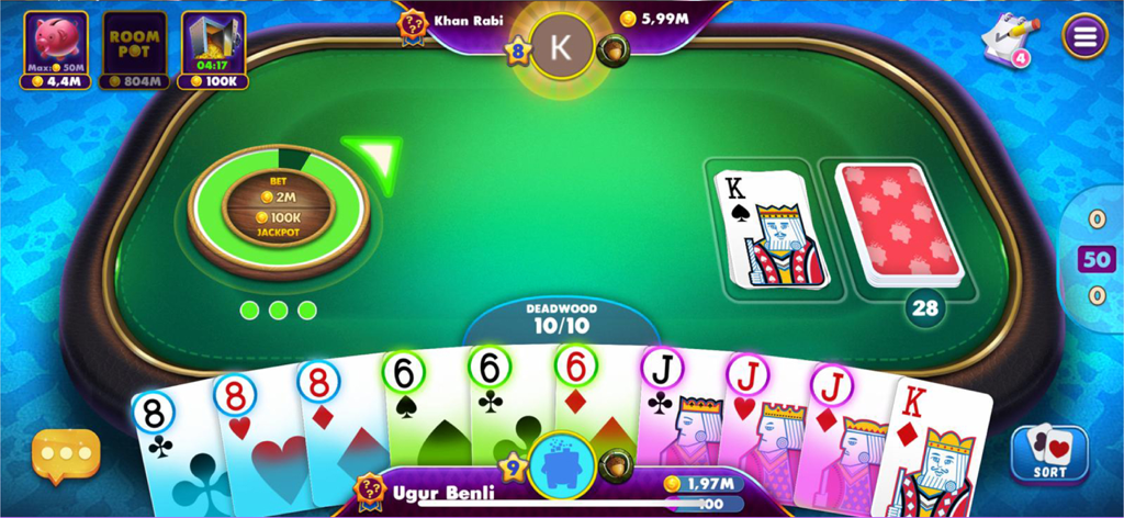 Gin Rummy Elite: Online Game - Una mesa digital de Gin Rummy mostrando una partida online de altas apuestas con manos de cartas y totales de fichas