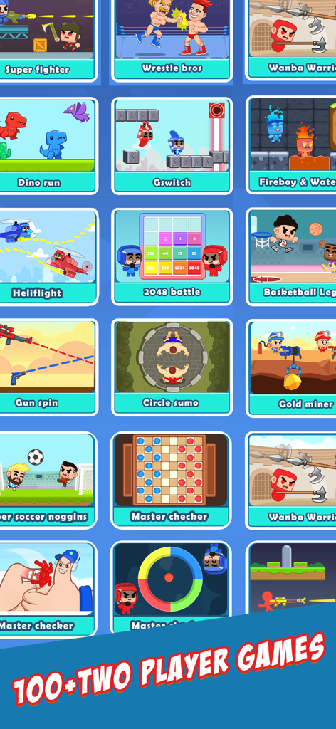 Una colección de coloridos íconos de minijuegos para dos jugadores, incluyendo estilos de batalla deportiva y arcade.