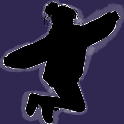 realistic girl jumping with a bun and oversized sweatshirt