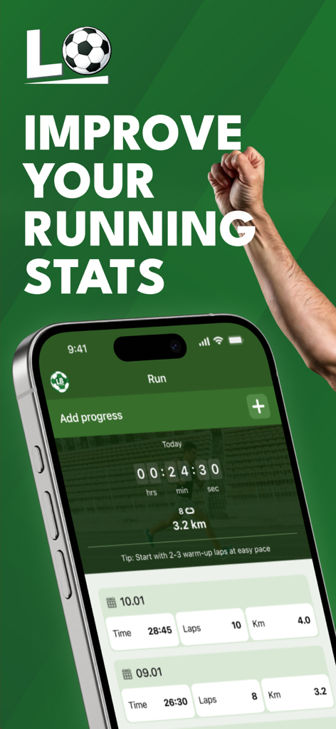 Mobile screen showing running statistics and workout history in the LineBall Tracker app