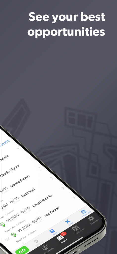 Badger Maps: #1 Route Planner - Badger Maps App-Oberfläche, die eine Liste von Verkaufschancen mit geplanten Zeiten und Reisedauer für Außendienstmitarbeiter anzeigt.