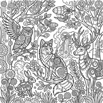 Embark on an extraordinary coloring journey with our Steampunk Forest Wildlife page, where nature meets industrial fantasy. Bring to life a world of mechanical foxes, owls, deer, and rabbits adorned with intricate gears and steam-powered charm.