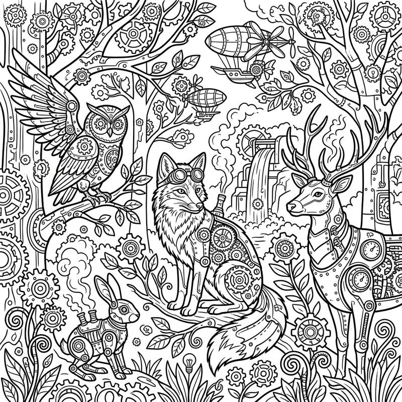 Embark on an extraordinary coloring journey with our Steampunk Forest Wildlife page, where nature meets industrial fantasy. Bring to life a world of mechanical foxes, owls, deer, and rabbits adorned with intricate gears and steam-powered charm.