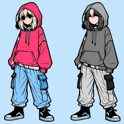 realistic girl wearing oversized hoodie and cargo pants