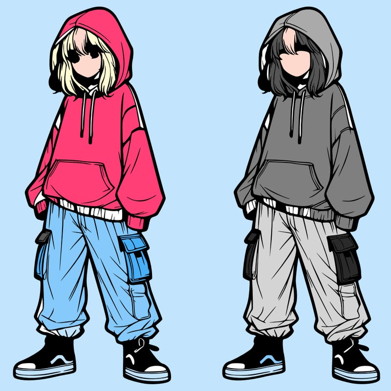 realistic girl wearing oversized hoodie and cargo pants