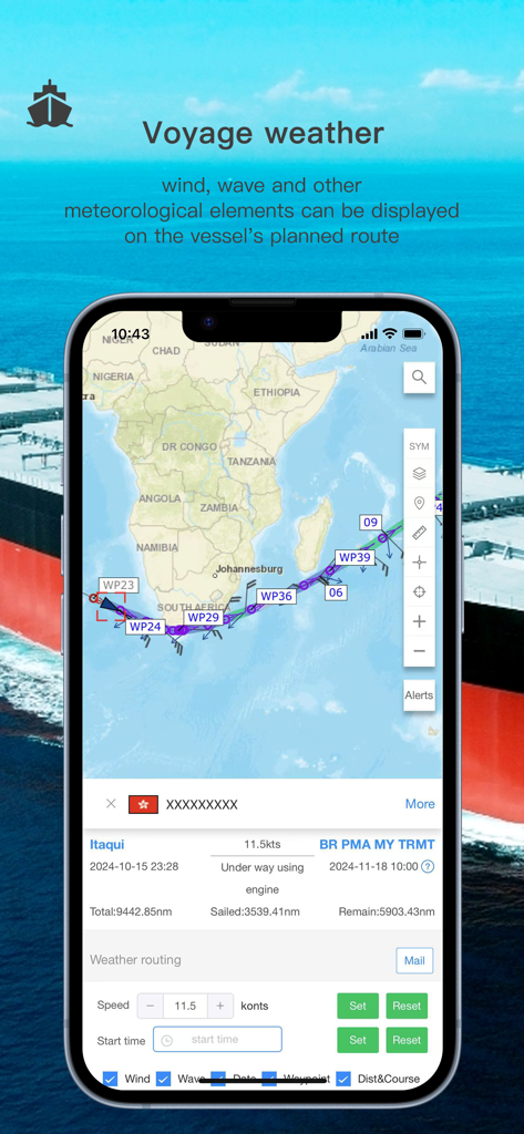 hiFleet mobile app screenshot showing voyage weather forecasting and vessel route planning on a map around Africa.