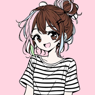 anime girl teenager striped shirt and smile and messy bun