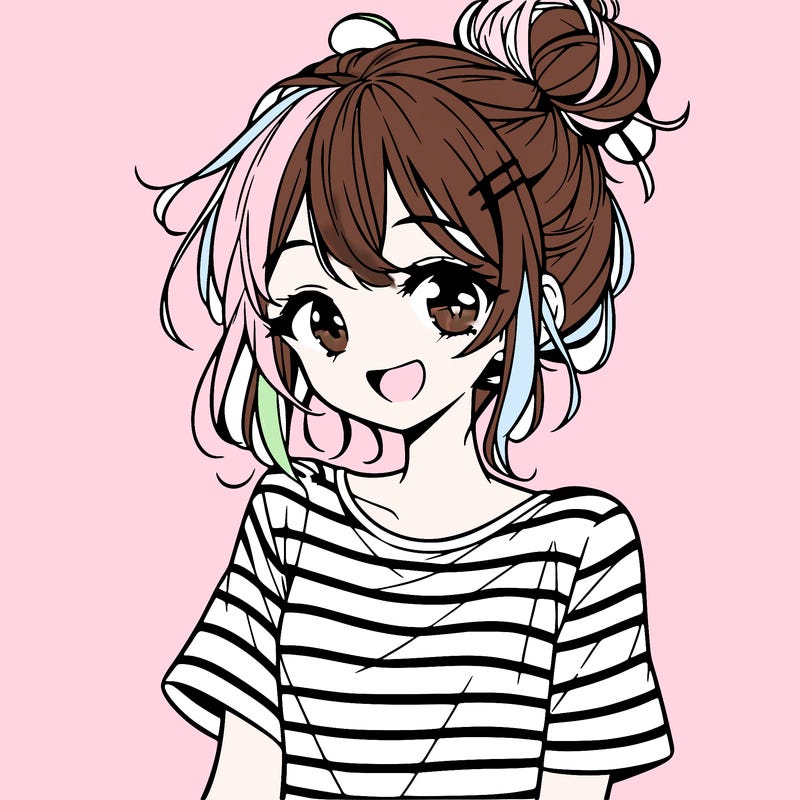 anime girl teenager striped shirt and smile and messy bun