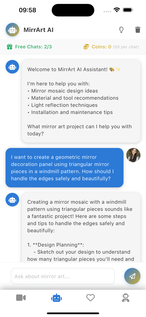 A chat interface of the MirrArt AI assistant providing technical advice and safety tips for a DIY geometric mirror mosaic project.