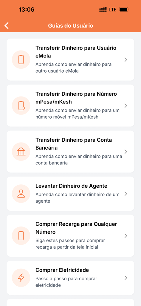 e-Mola mobile app user guides menu showing financial transfer and payment options