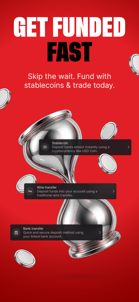 tastytrade mobile app screen highlighting fast account funding options like stablecoins wire and bank transfers