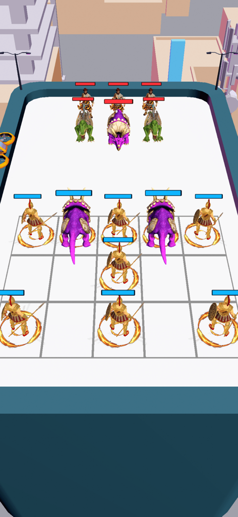 Dino Battle: Dinosaur games - Una pantalla de juego en 3D de Dino Battle mostrando guerreros y dinosaurios púrpuras en una cuadrícula de fusión