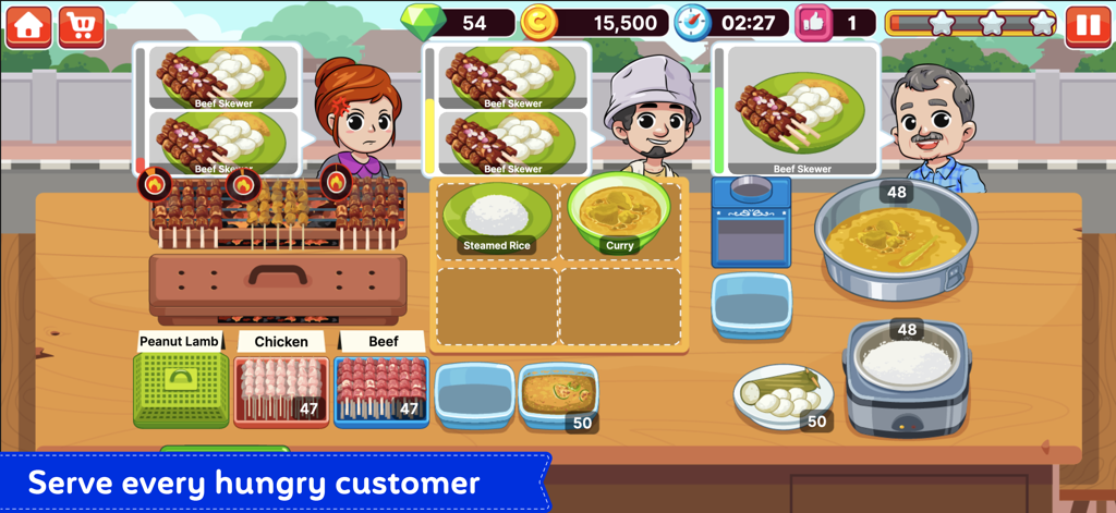 Street Grill Tycoon - Gameplay of Street Grill Tycoon showing a player serving beef skewers and curry to customers at a street food stall.