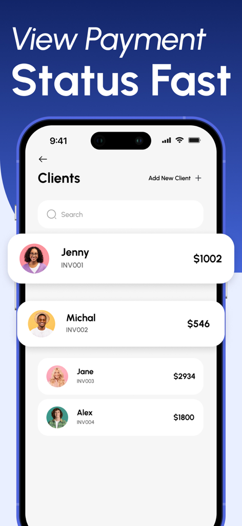 AI Invoice Maker & Receipt - クライアントとそれぞれの請求書残高のリストを表示するモバイルアプリ画面