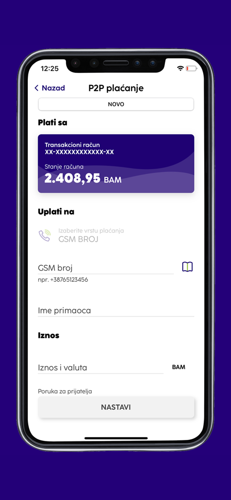 NLB mKlik app P2P payment screen showing account balance and recipient input fields