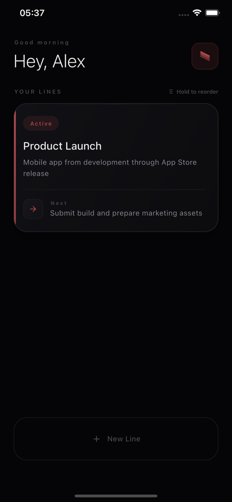 Pause Marker app dashboard displaying an active work line for a Product Launch with the next steps clearly defined.
