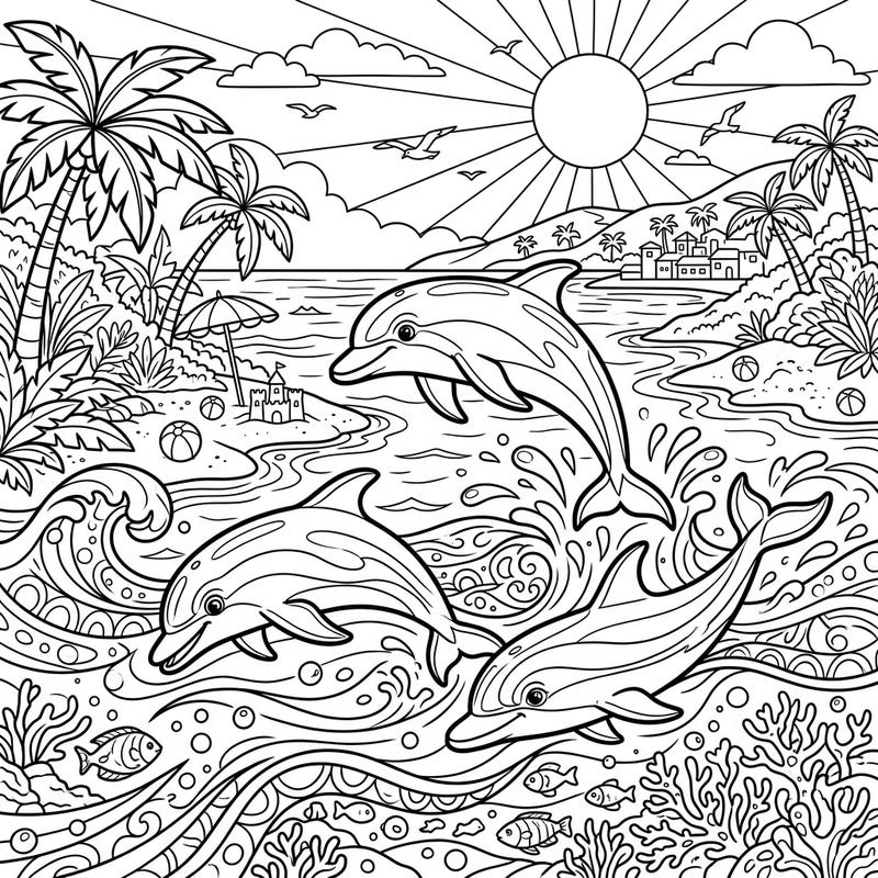 Bring the joy of a summer day to life with this delightful coloring page featuring playful dolphins in their vibrant habitat. Escape to a sunny beach filled with ocean waves, palm trees, and aquatic wonders, ready for your creative touch.