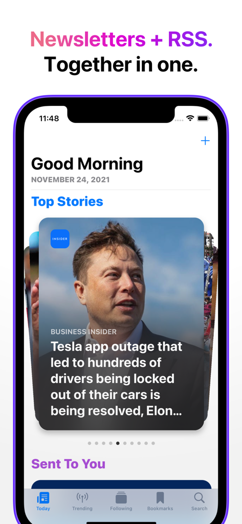 Big News - Smart Reader - Big News 앱 홈 화면에 통합된 뉴스레터 및 RSS 소스의 큐레이션된 상위 스토리 피드가 표시됩니다.