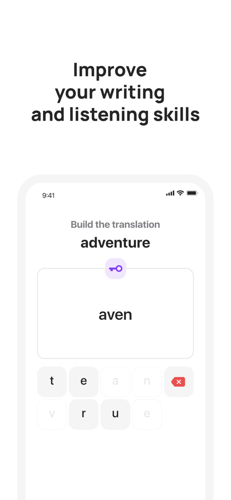 A writing exercise in the 10 Minute French app showing a build the translation activity for the word adventure.
