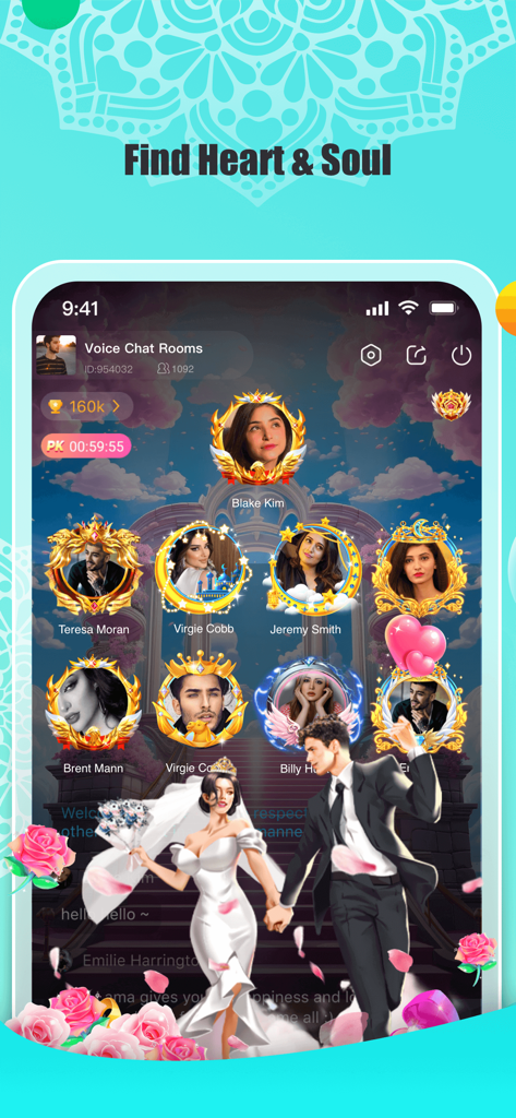 Lama app screen showing a group voice chat room with decorative user profiles and a romantic theme