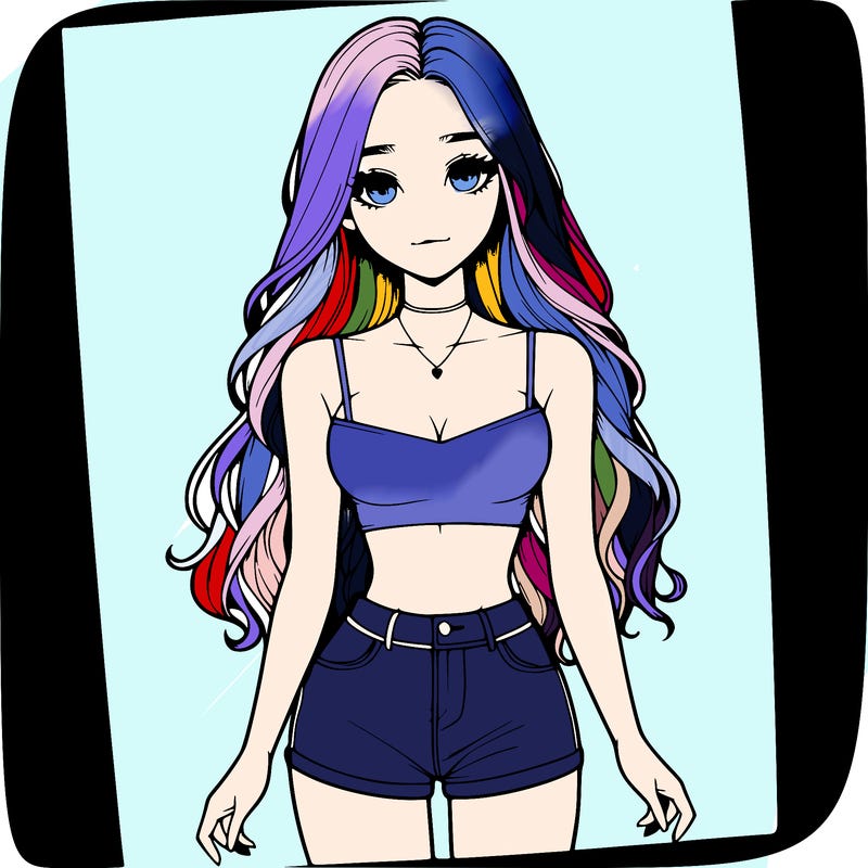 a realistic girl with long hair and in a crop top and shprts