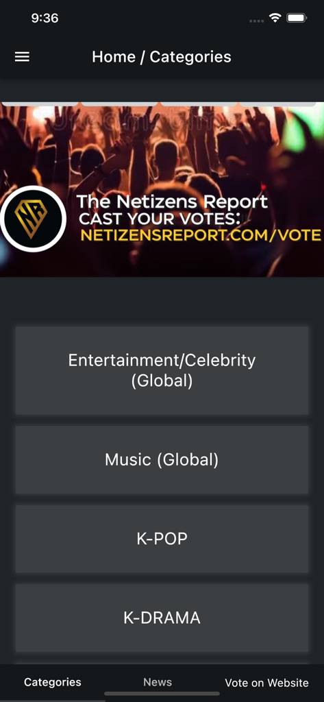NETIZENS CHOICE: Voting App - Home screen of the Netizens Choice app showing voting categories for K-Pop, Music, and Entertainment.