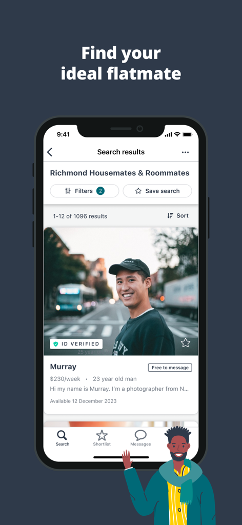 Capture d'écran de l'application mobile Flatmates montrant une page de résultats de recherche avec un profil utilisateur vérifié pour un colocataire à Richmond