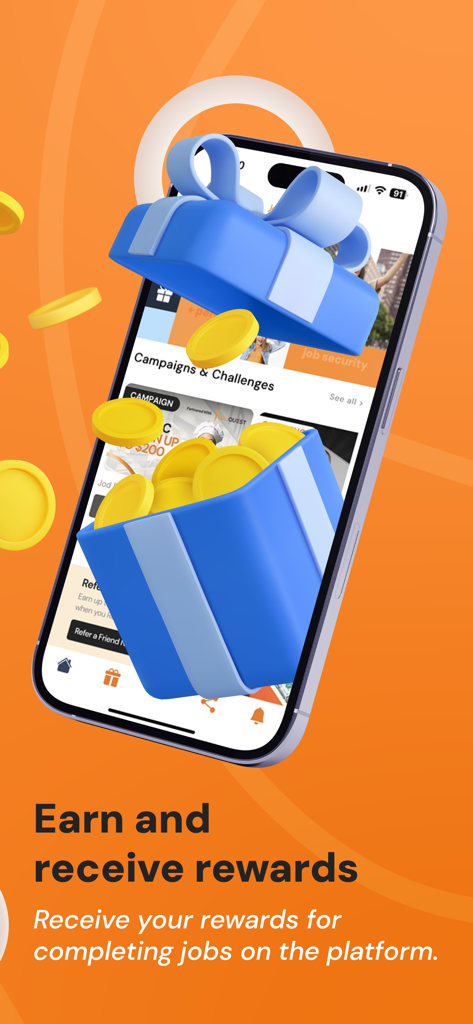 Jod - 금화가 담긴 선물 상자와 '보상 적립 및 받기' 문구가 표시된 Jod 앱 화면