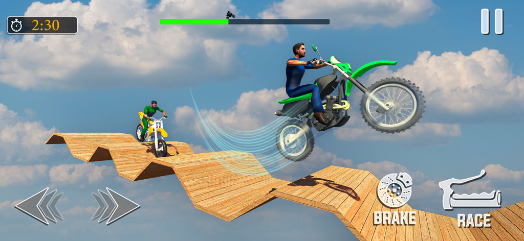 Extreme Bike Stunt Motorcycle - A motorcycle rider performing a mid-air stunt jump over a wooden track in a clear blue sky.