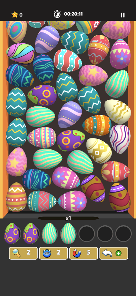 Match Triple Goods Falling - A 3D sorting puzzle game screen filled with various patterned Easter eggs ready for matching