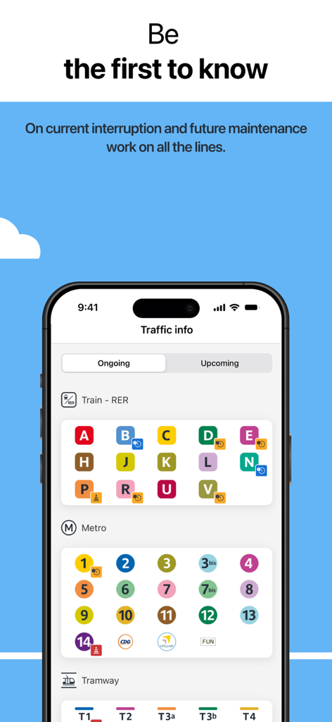 Île-de-France Mobilités - Real-time traffic updates for Paris metro and RER lines on the Ile-de-France Mobilites app interface.