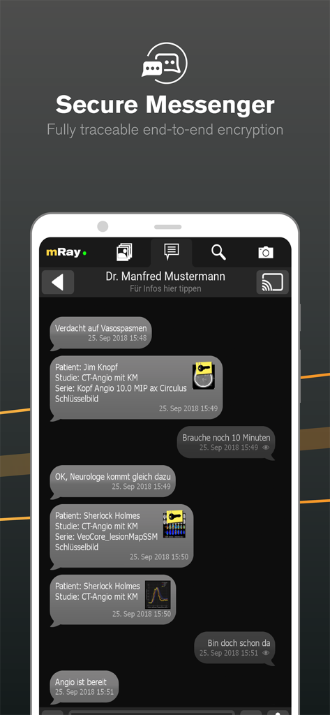 Affichage sur smartphone de la fonction de messagerie sécurisée mRay montrant un chat médical crypté entre médecins
