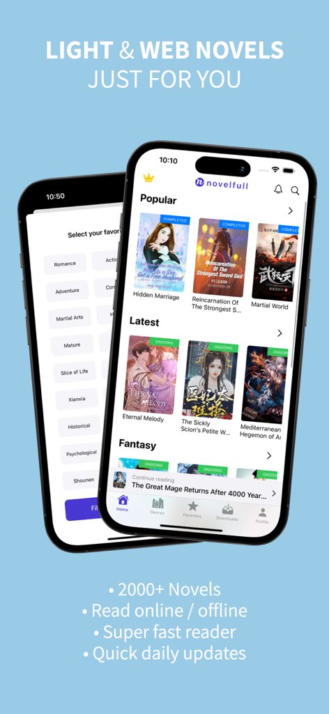 NovelFull app interface showing popular light novels and genre selection categories