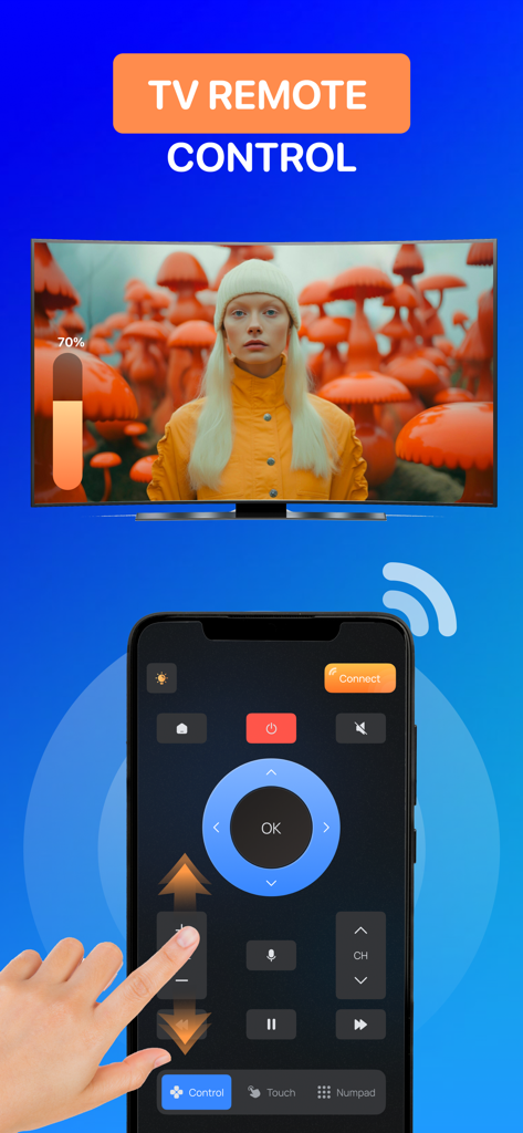 A smartphone app interface for a universal TV remote control used on a smart television screen