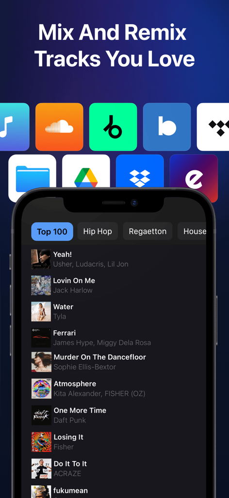 Music library interface in edjing Mix DJ app showing streaming integrations