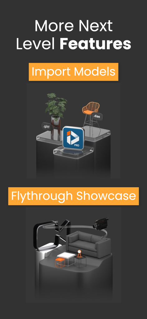 Graphic showcasing Interior Design PRO features including 3D model import and flythrough showcase capabilities