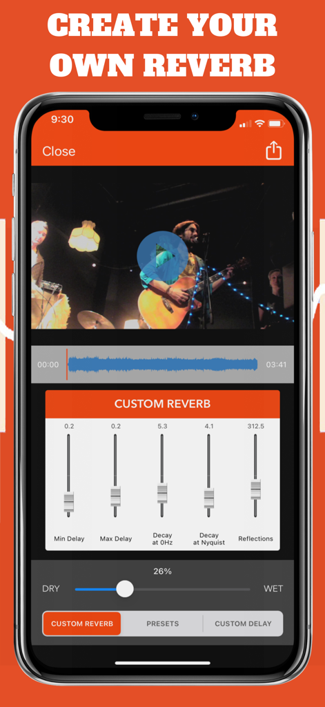 VideoVerb: Add Reverb to Video - Interface of VideoVerb app showing custom reverb sliders for audio post-production on a video of a musician