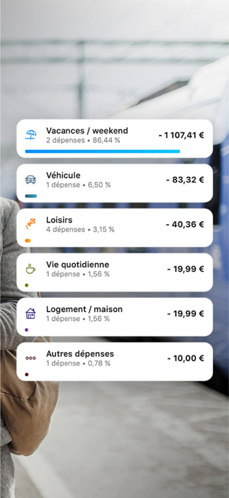 Monabanq mobile app interface displaying a list of categorized expenses
