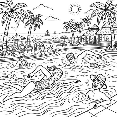 Capture the essence of a perfect summer day with this exciting coloring page. Join master swimmers as they enjoy a refreshing dip and lively beach atmosphere under the warm sun.