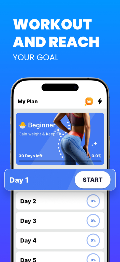 Weight Gain App – Gain Weight - Interface do aplicativo de ganho de peso mostrando um plano de treino para iniciantes de 30 dias e rastreamento de progresso
