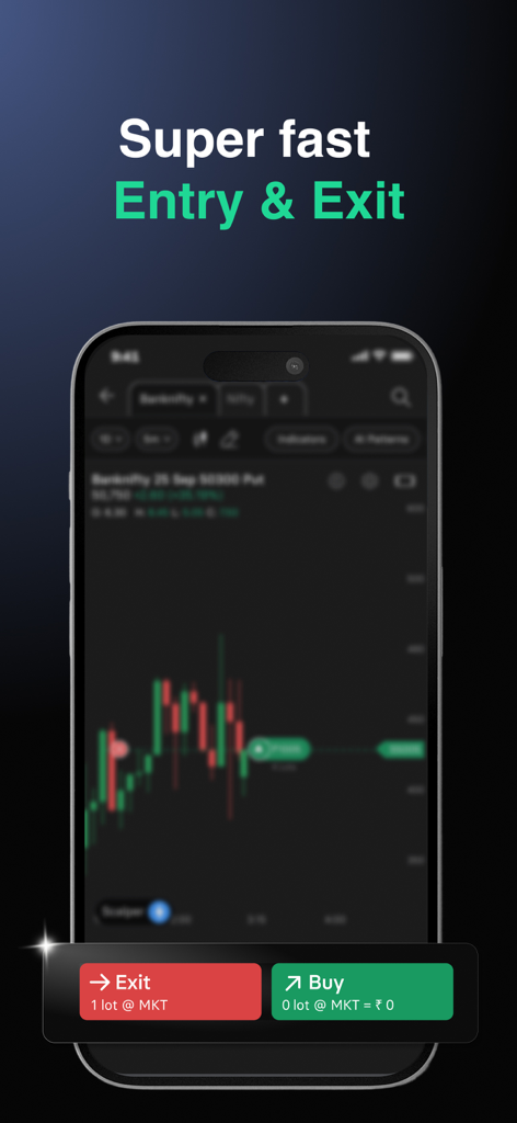 Flash Trading App by INDstocks - Interfaz de la aplicación Flash Trading que muestra un gráfico de velas con botones rápidos de compra y salida para una ejecución rápida.
