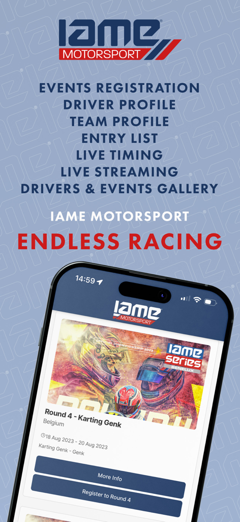 IAME Motorsport - IAME Motorsport app interface showing karting race event registration and live timing features
