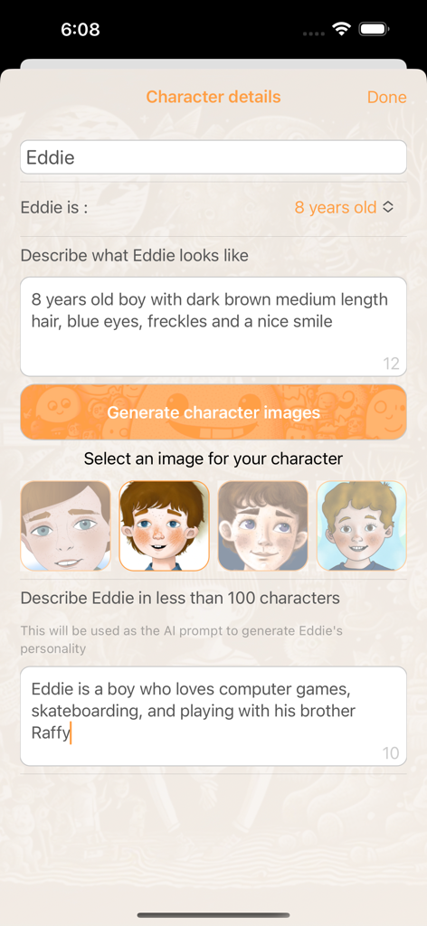 AI Stories For Kids - Interface for creating a custom character with AI generated images and personalized descriptions