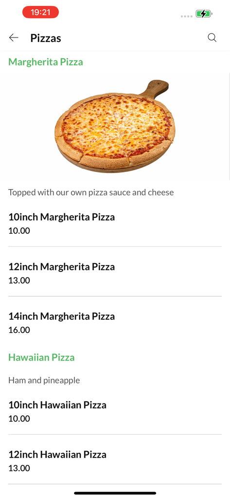 Pizza Plus. - Pizza Plus mobile app menu showing Margherita and Hawaiian pizza options and prices