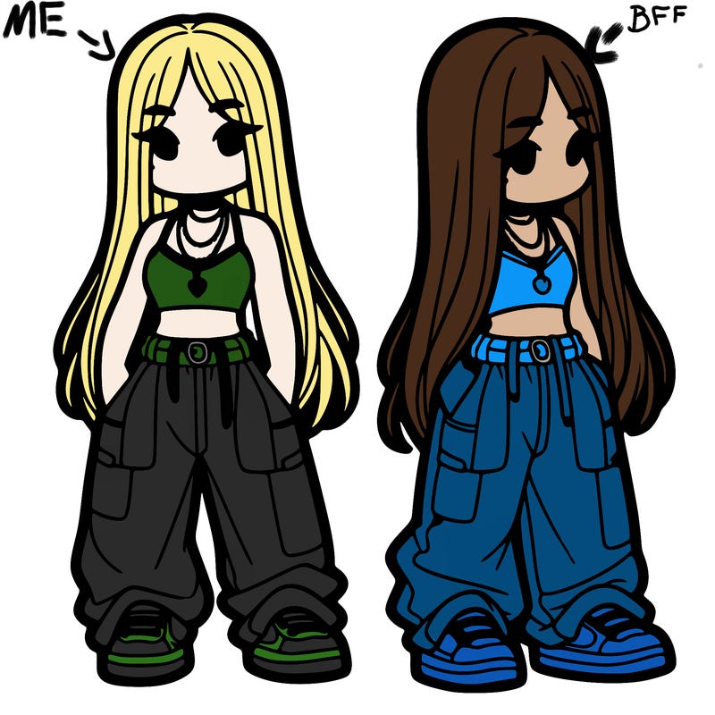 girl in baggy pants crop top and long hair